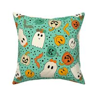 Large Scale Groovy Ghosts Pumpkins and Retro Melty Smile Faces on Wintergreen