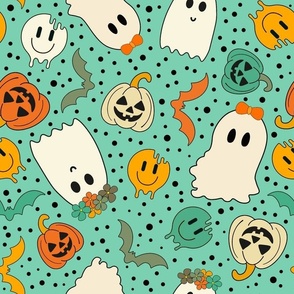 Large Scale Groovy Ghosts Pumpkins and Retro Melty Smile Faces on Wintergreen