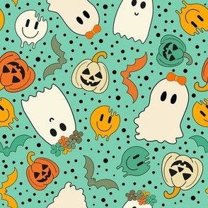 Medium Scale Groovy Ghosts Pumpkins and Retro Melty Smile Faces on Wintergreen