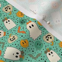 Small Scale Groovy Ghosts Pumpkins and Retro Melty Smile Faces on Wintergreen
