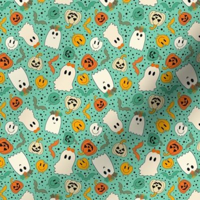Small Scale Groovy Ghosts Pumpkins and Retro Melty Smile Faces on Wintergreen