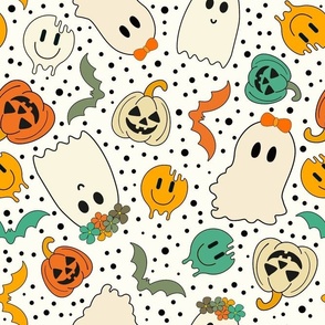 Large Scale Groovy Ghosts Pumpkins and Retro Melty Smile Faces on Ivory