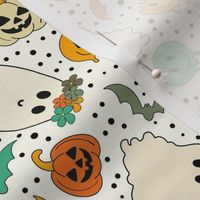 Medium Scale Groovy Ghosts Pumpkins and Retro Melty Smile Faces on Ivory
