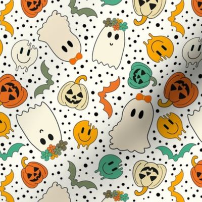 Medium Scale Groovy Ghosts Pumpkins and Retro Melty Smile Faces on Ivory