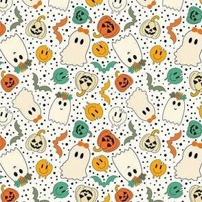 Small Scale Groovy Ghosts Pumpkins and Retro Melty Smile Faces on Ivory