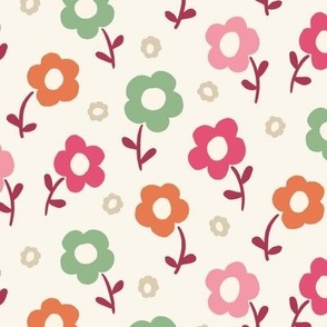 Pink, Marigold and Soft Green Modern Flowers on a Cream Background 12in