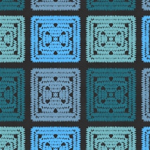 Crochet baby blanket blue and turquoise. Granny square crochet. Horizontal on Dark.
