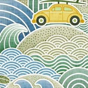 Sea, Sun and Surf Large- Green- Beach Life- Surfing Life- Surfboard- Vintage Cars- California Summer- Boys- Hawaii- Wallpaper