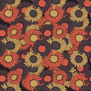 Funky Retro Floral with Daisies in orange, mustard and brown