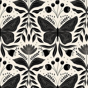 Whimsical Butterfly Flower Garden in Black and Cream