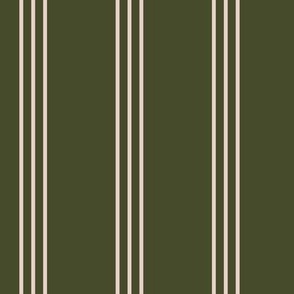 The minimalist triple stripes cottage country mudcloth style abstract baby nursery design in ivory on deep olive green winter