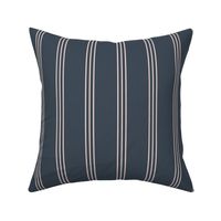 The minimalist classic triple stripes cottage country mudcloth style abstract baby nursery design in ivory on jeans blue