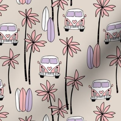 Palm tree island surfing trip summer vacation hippie van and surf boards lilac pink on tan