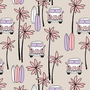 Palm tree island surfing trip summer vacation hippie van and surf boards lilac pink on tan