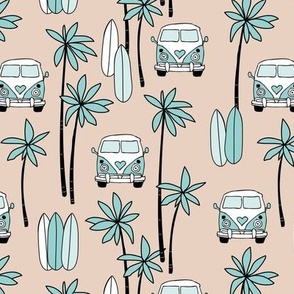Palm tree island surfing trip summer vacation hippie van and surf boards teal blue aqua on tan beige