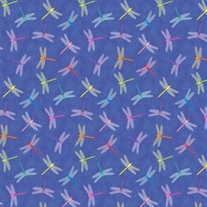 Multicolor Dragonflies on mottled blue 3-inch repeat