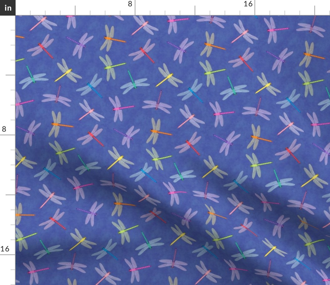 Multicolor Dragonflies on mottled blue 6-inch repeat