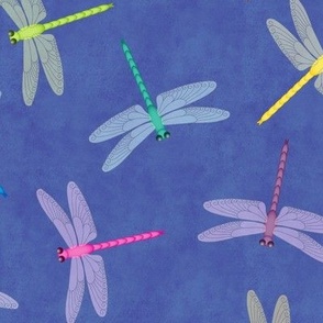 Multicolor Dragonflies on mottled blue 12-inch repeat