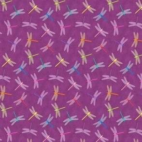 Multicolor Dragonflies on mottled plum 3-inch repeat