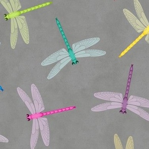 Multicolor Dragonflies on mottled gray 12-inch repeat