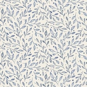 small scale dense watercolor leaves // delft blue on cream