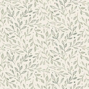 small scale dense watercolor leaves // sage green on cream