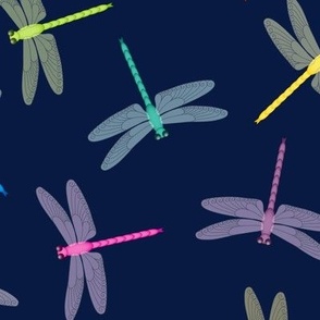 Multicolor Dragonflies on midnight blue 12-inch repeat