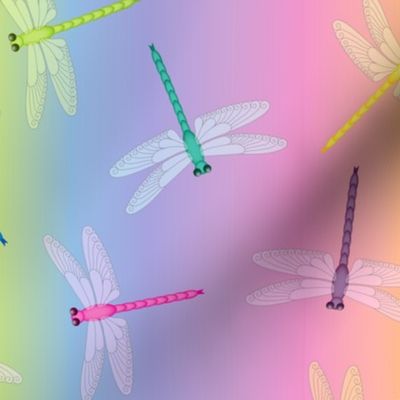 Multicolor Dragonflies on pastel rainbow 12-inch repeat