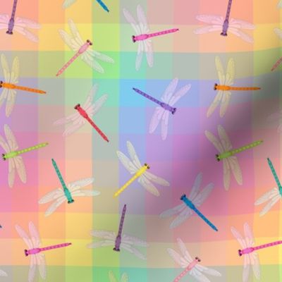 Multicolor Dragonflies on Pastel Rainbow Check  6-inch repeat