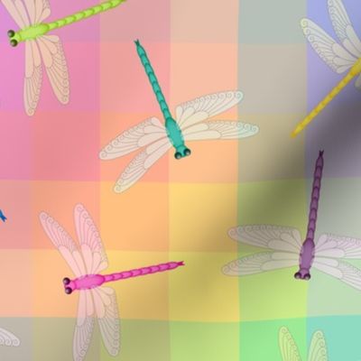 Multicolor Dragonflies on pastel rainbow 12-inch repeat