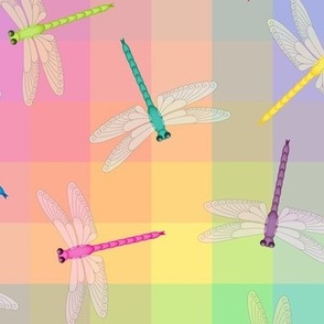 Multicolor Dragonflies on pastel rainbow 12-inch repeat