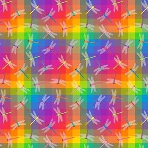 Multicolor Dragonflies on bright rainbow checks 3-inch repeat