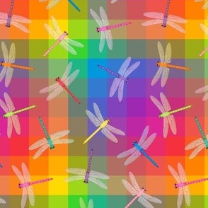 Multicolor Dragonflies on Rainbow Check 6 -nch repeat