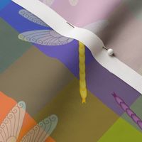 Multicolor Dragonflies on bright rainbow checks 12-inch repeat