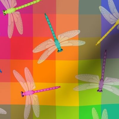 Multicolor Dragonflies on bright rainbow checks 12-inch repeat