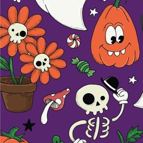 Funny Halloween pattern with flowers and dark background