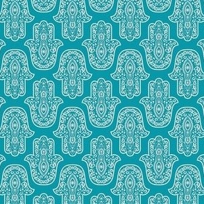 Small Scale Hamsa Hands White on Turquoise