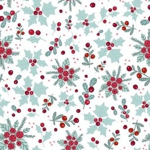 Medium Scale Holiday Holly and Berries Christmas Greenery Mistletoe on White