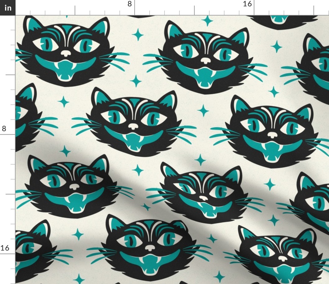 Black Magic Halloween Cat Ivory Teal Large Scale