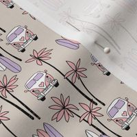 Palm tree island surfing trip summer vacation hippie van and surf boards lilac pink on tan SMALL 