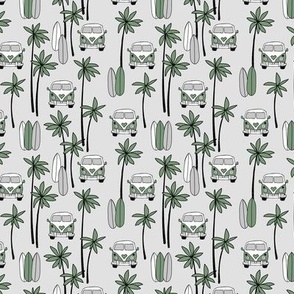 Palm tree island surfing trip summer vacation hippie van and surf boards olive green gray SMALL