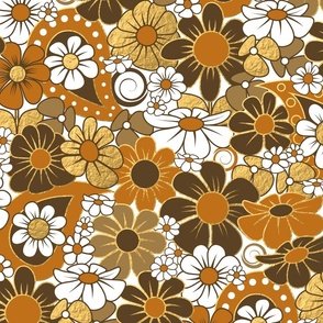 70s Funky Flower Field // Metallic Gold Foil, Rust, Dark Brown, White
