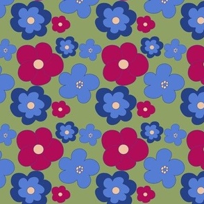 Red and Blue Retro Flowers on Green