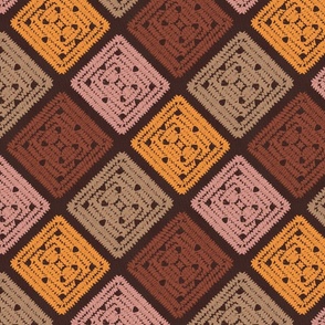 Retro crochet squares. Brown, Orange and pink. Granny square crochet. Chocolate tones.