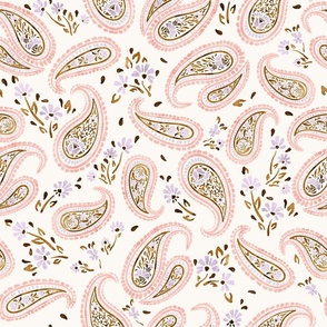 paisley floral pattern, lavender-melon-burlywood
