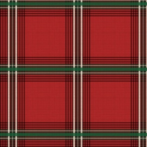 Tartan pattern with green, black and ivory stripes on red background