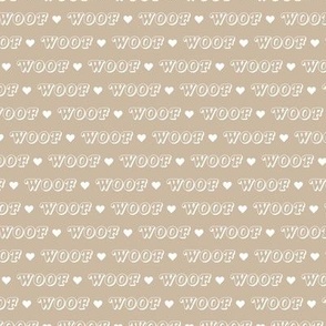 Woof Woof - dog lovers barking typography design for veterinarian white on sand beige