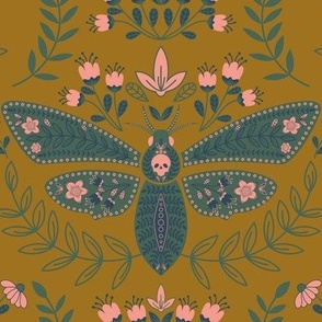 Enchanted - Death's Head Skull Moth Damask + Floral - Navy Blue + Gold