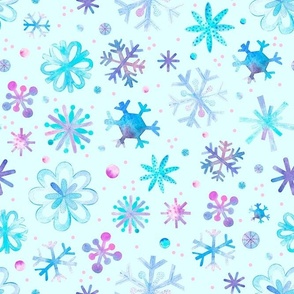 Large Scale Winter Watercolor Snowflakes Purple Pink Blue on Aqua