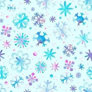 Medium Scale Winter Watercolor Snowflakes Purple Pink Blue on Aqua